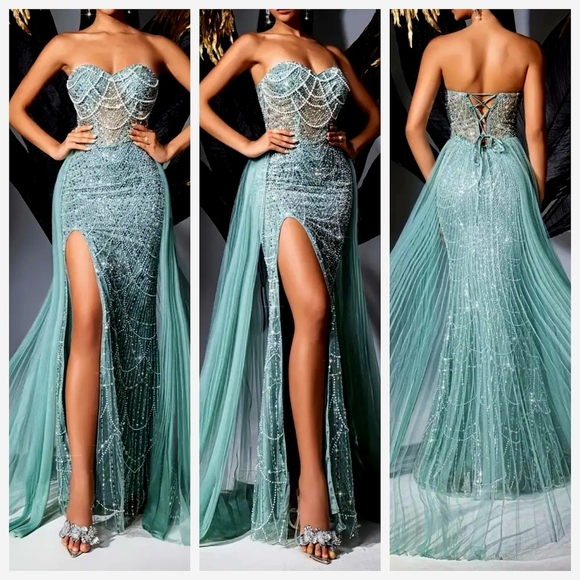Dresses & Skirts - Mint Blue Strapless Sequin Embellished Gown